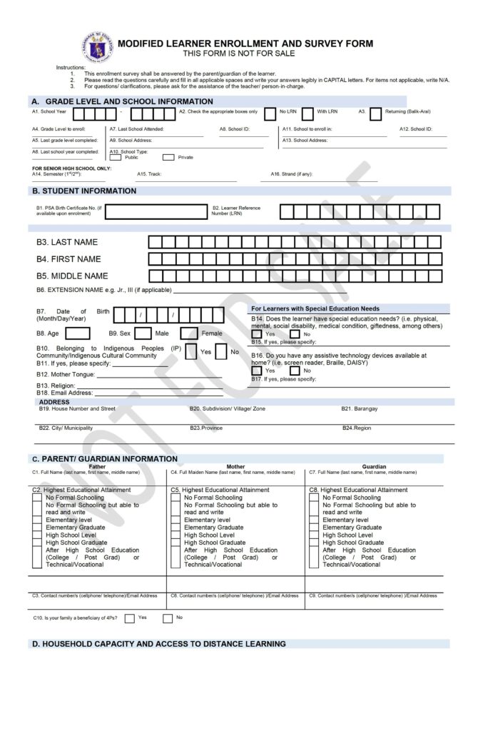 DepEd Modified Learner Enrollment and Survey Form (MLESF) for SY 2021-2022 English - 0001