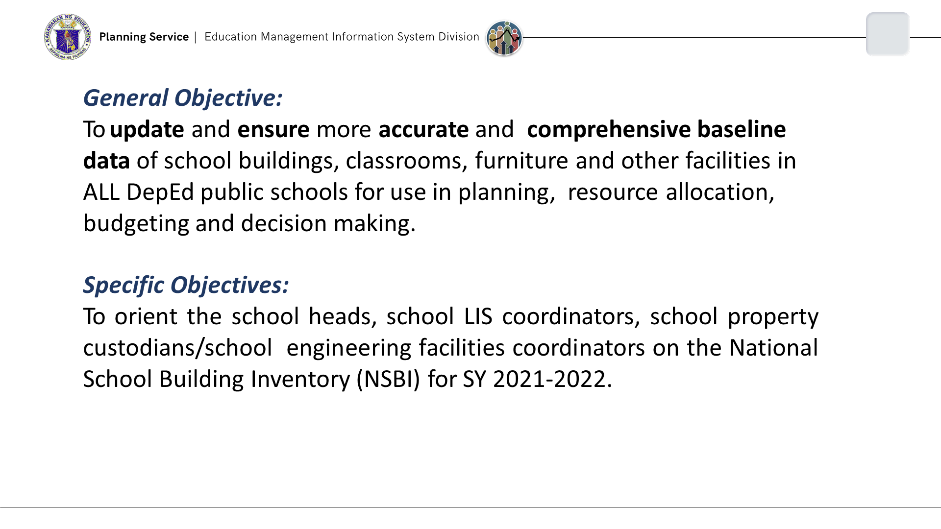 DepEd National School Building Inventory (NSBI) General Objectives