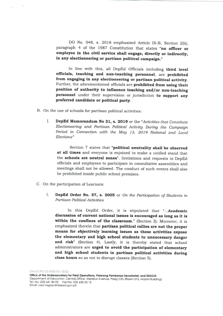 DepEd Policies on Electioneering and Partisan Political Activities ...